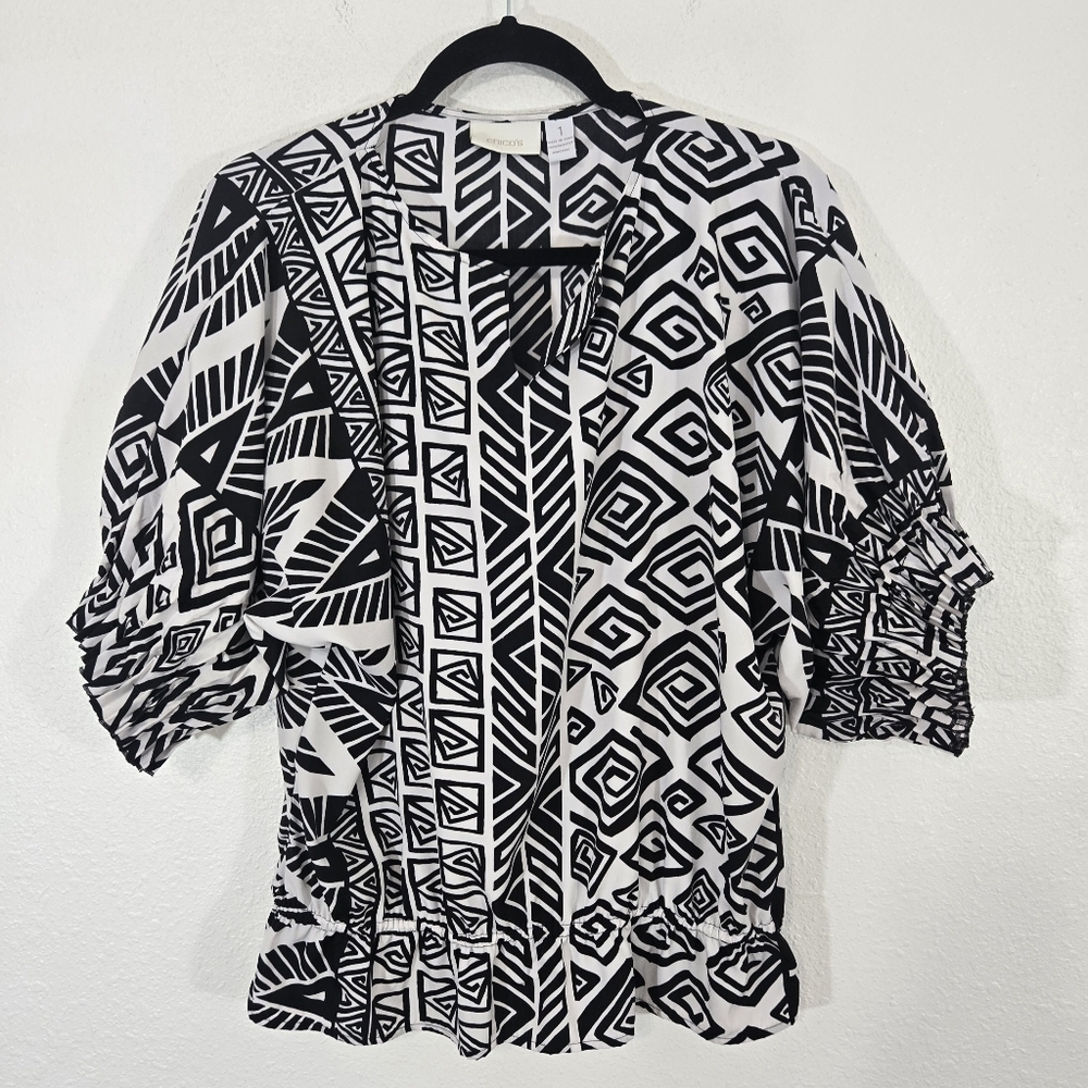 Chico's Lightweight Geometric Top Dolman Puffy Sleeves Career Church, size 1 (M)